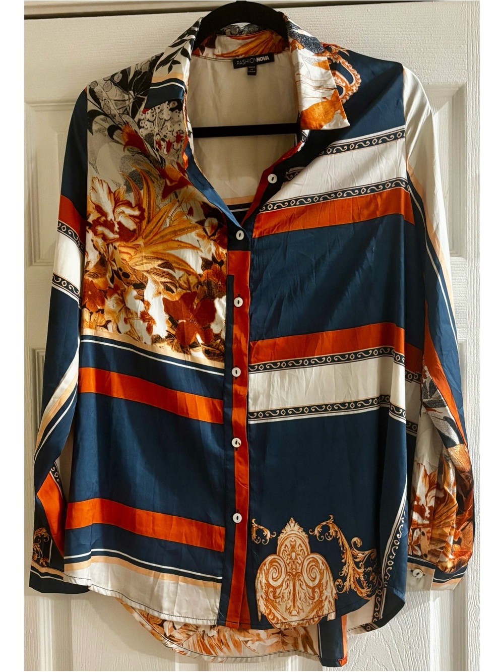 Fashion Nova Scarf Print Long Sleeve Button Down Shirt